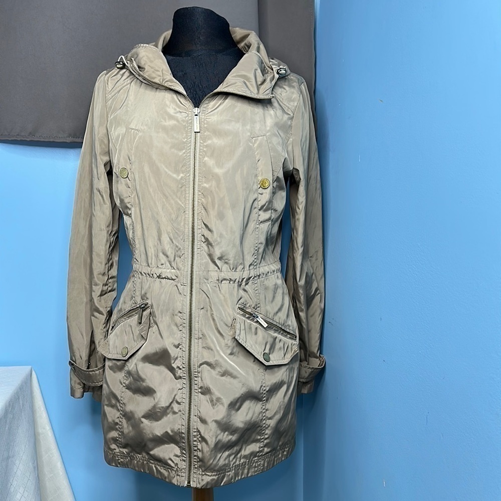 Michael Kors Anorak Brown Gold Zip Up Hooded Ruched Back Rain Jacket Small